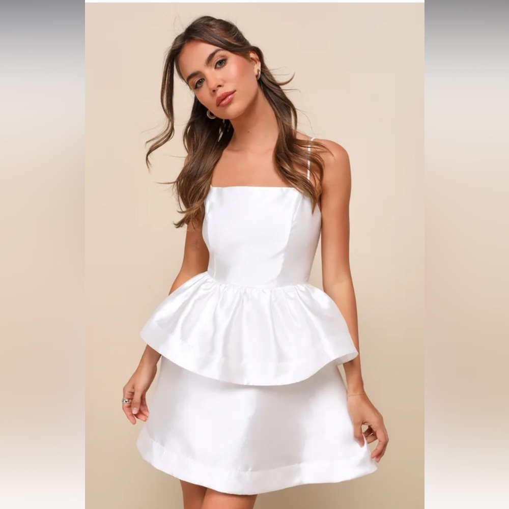 NWT Lulus Bubbly Charm White Taffeta Tiered Ruffled Mini Dress